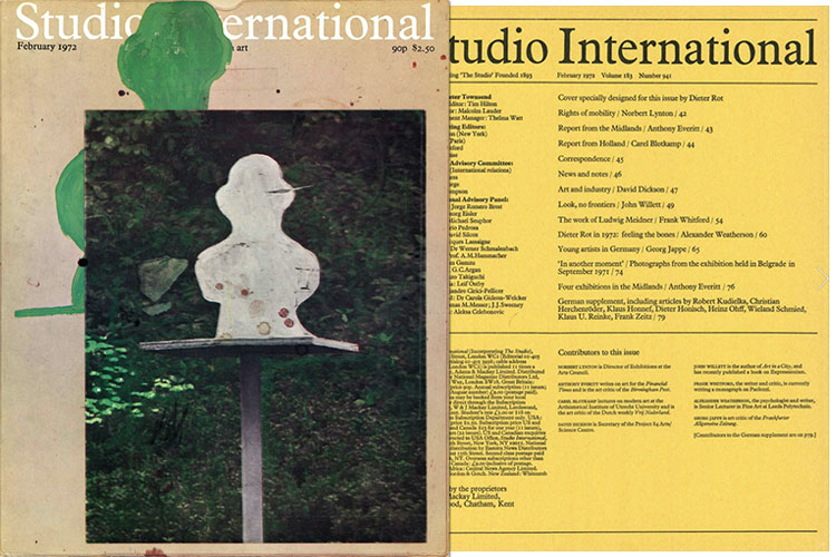 Studio International, 1972, February 1972, Volume 183 Number 941. Cover specially designed for this issue by Dieter Rot.