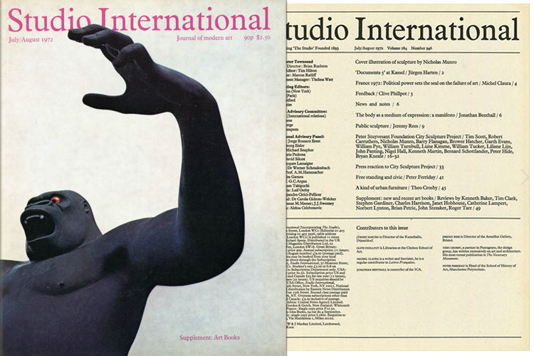 Studio International, 1972, July/August 1972, Volume 184 Number 946. Cover illustration of sculpture by Nicholas Munro.