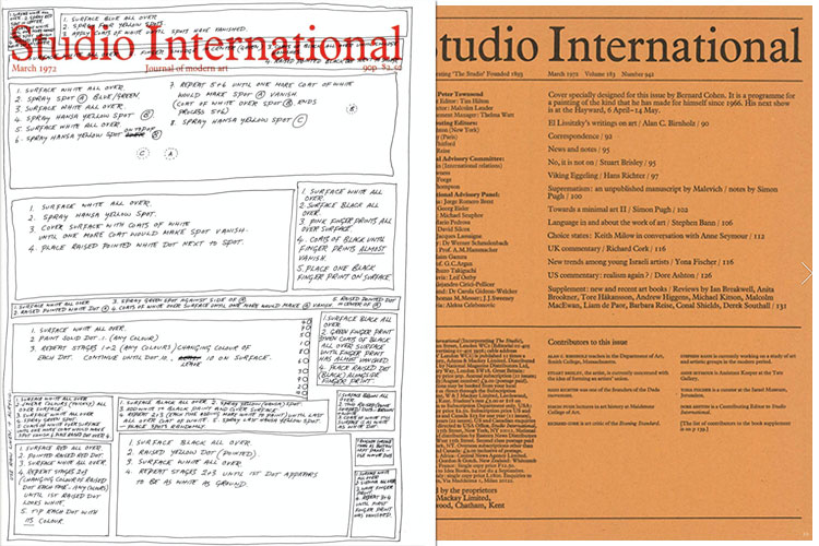 Studio International, 1972, March 1972, Volume 183 Number 942. Cover specially designed for this issue by Bernard Cohen. It is a programme for a painting of the kind that he has made for himself since 1966. His next show is at the Hayward, 6 April-14 May.