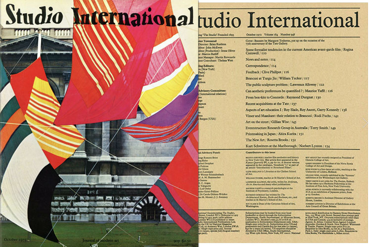 Studio International, 1972, October 1972, Volume 184 Number 948. Cover: Banners by Margaret Traherne, put up on the occasion of the 75th anniversary of the Tate Gallery.