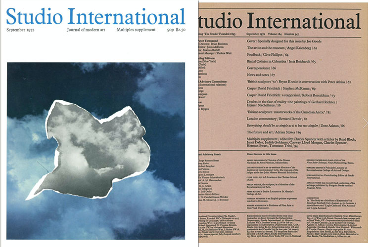 Studio International, 1972, September 1972, Volume 184 Number 947. Cover specially designed for this issue by Joe Goode.