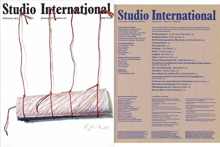 Studio International, 1973, February 1973, Volume 185 Number 952. Cover: Specially designed for this issue by Richard Smith, who is among the British artists chosen for a major showing at the Musée d'Art Moderne de la Ville de Paris this February. Photo by Roland Sherman.