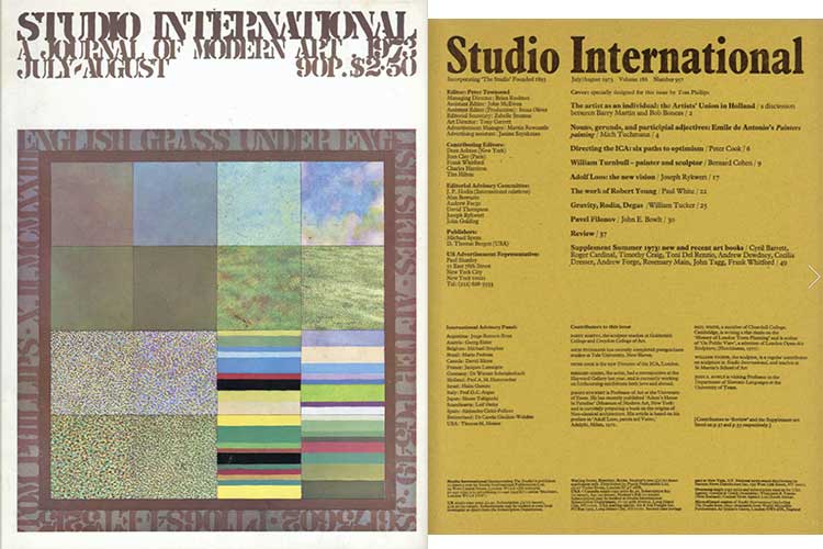 Studio International, 1973, July/August 1973, Volume 186 Number 957. Cover: specially designed for this issue by Tom Phillips.