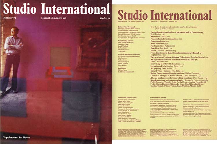 Studio International, 1973, March 1973, Volume 185 Number 953. Cover: Robyn Denny in his studio, reflected in one of his Colour Box series. Photo by Rowland Scherman.