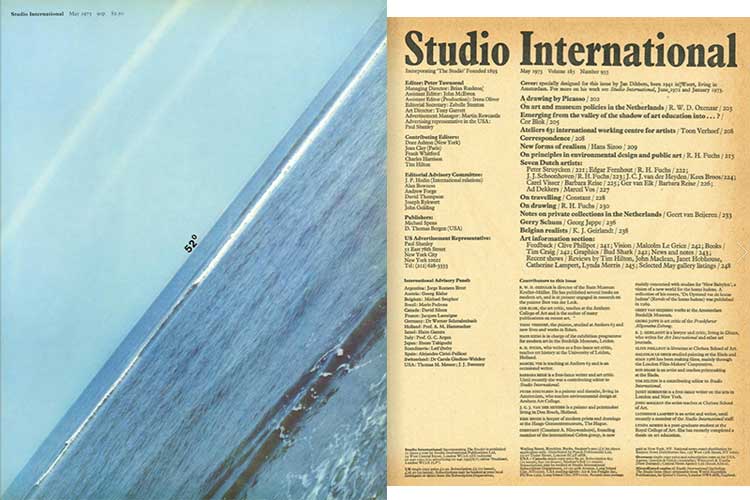Studio International, 1973, May 1973, Volume 185 Number 955. Cover: specially designed for this issue by Jan Dibbets, born 1941 in Weert, living in Amsterdam. For more on his work see Studio International, June 1972 and January 1973.