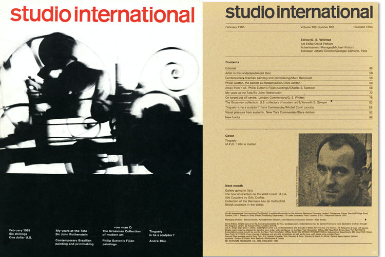 Studio International, February 1965, Volume 169 Number 862. Cover image: Tinguely, M.K.111. 1964 in motion.