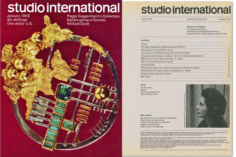 Studio International, January 1965, Volume 169 Number 861. Cover image: Gio Pomodoro, Brooch, Gold and emeralds, 5 cm. Galerie Semiha Huber.