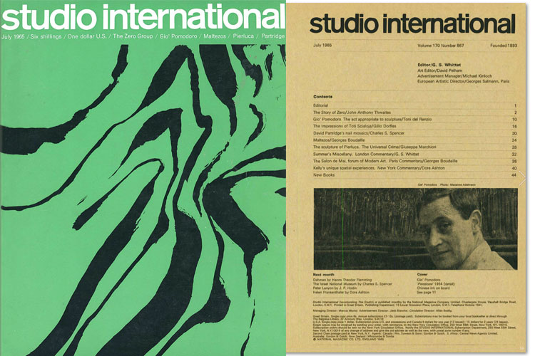 Studio International, July 1965, Volume 170 Number 867. Cover image: Gia’ Pomodoro, Pressione 1964 (Detail), Chinese ink on board, see page 11.