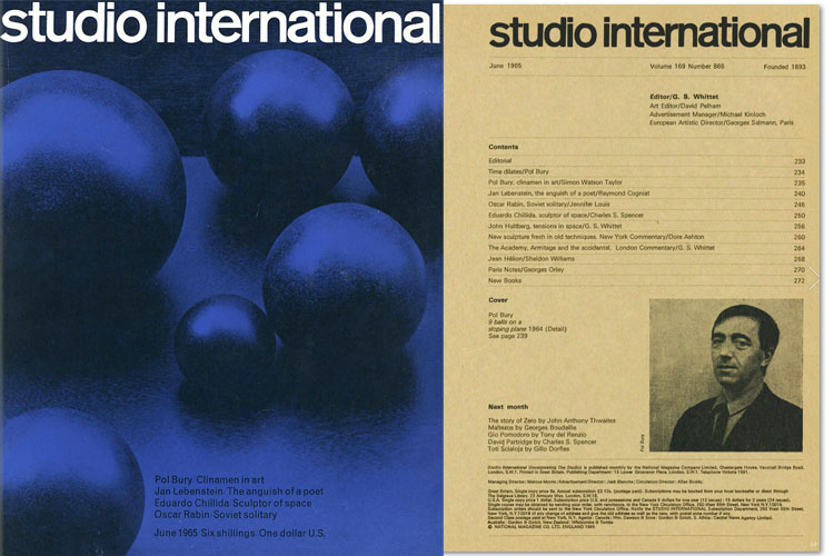 Studio International, June 1965, Volume 169 Number 866. Cover image: Pol Bury, 9 balls on a sloping plane 1964 (Detail). See page 239.