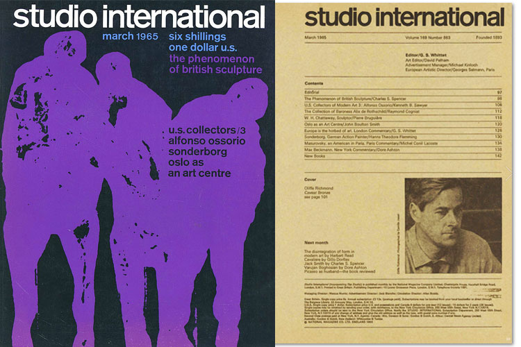 Studio International, March 1965, Volume 169 Number 863. Cover image: Oliffe Richmond, Caveat Bronze, see page 101.
