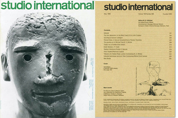 Studio International, May 1965, Volume 169 Number 864. Cover image: lpousteguy, L'homme 1963 (detail), See page 202.