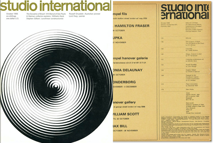 Studio International, October 1965, Volume 170 Number 870. Cover image: Getulio Alviani Italy, NP dt circulos 1965. Serigraph 68 x 68 cm.