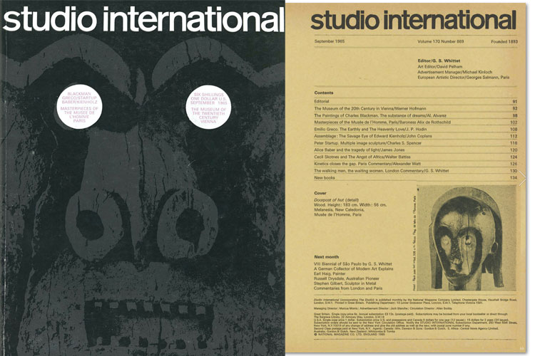 Studio International, September 1965, Volume 170 Number 869. Cover image: Cover image: Doorpost of hut (Detail). Wood. Height: 183 cm. Width: 56 cm. Melanesia. New Caledonia, Musée de l’Homme. Paris.