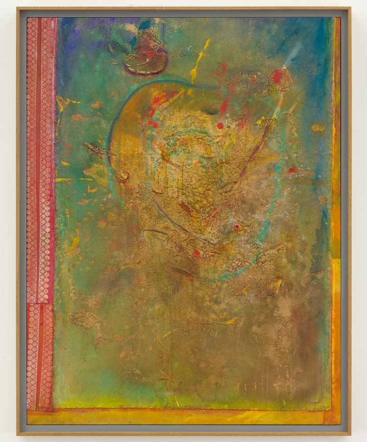 Frank Bowling, Tracey’s Bouquet (At Swim Two Birds), 2011, Acrylic, acrylic gel on collaged canvas with marouflage, 132.1 x 101.9 cm. Courtesy the artist. Photo: Anna Arca. © Frank Bowling. All rights reserved, DACS 2025.