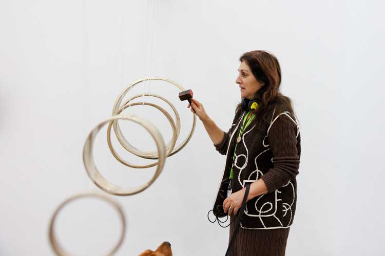 A visitor and her Guide Dog with Aaron McPeake, Rings, 2025 in Beyond the Visual at Henry Moore Institute 28 November 2025 – 19 April 2026. Photo: Joanne Crawford.