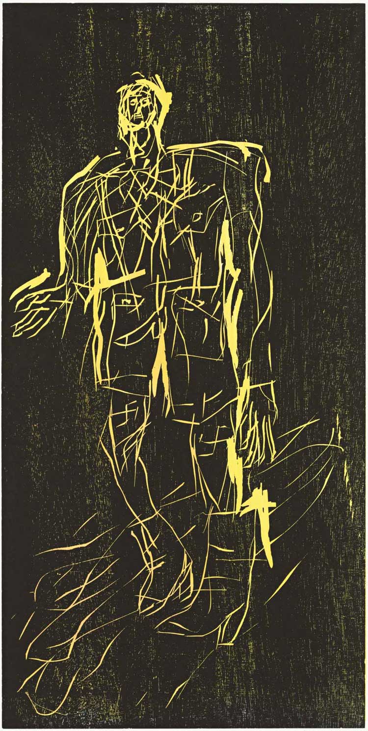 Georg Baselitz, Poet in Stiefeln, 2008. Colour woodcut. © Georg Baselitz. Photo: Jochen Littkemann.