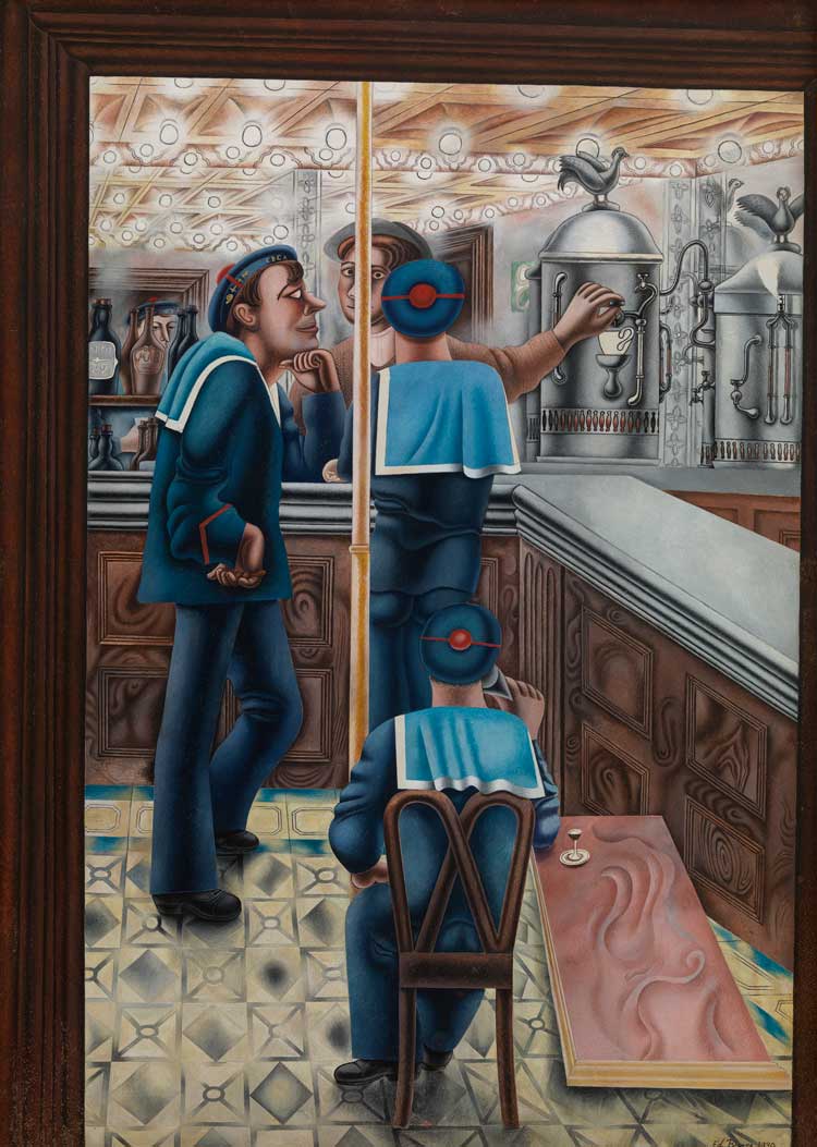 Edward Burra, Three Sailors at a Bar 1930. Private collection, courtesy of Hazlitt Holland-Hibbert. © The estate of Edward Burra, courtesy Lefevre Fine Art, London.