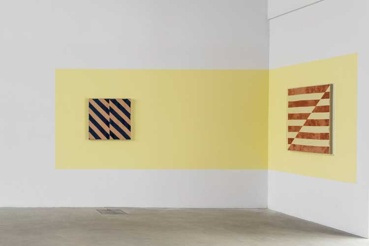 Yto Barrada. (Left) Untitled (After Stella, Tetuan I), 2019. Cotton, natural dyes 73,7 x 76,2 cm. (Right) Untitled (After After Stella, Tetuan III), 2019. Cotton, natural dyes, 101 x 104,1 cm. Courtesy Fondazione Merz. Photo: Renato Ghiazza.