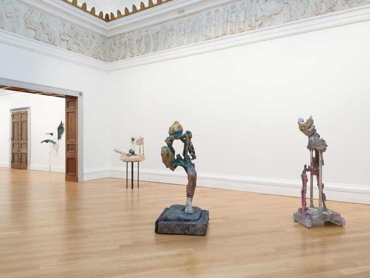 These Mad Hybrids, featuring: Caroline Achaintre, Eric Bainbridge, Phyllida Barlow, Olivia Bax, John Hoyland, Hew Locke, Anna Reading, Jessi Reaves, Andrew Sabin, John Summers and Chiffon Thomas. Installation view at RWA, Bristol, 2024. Photo: Tim Bowditch.