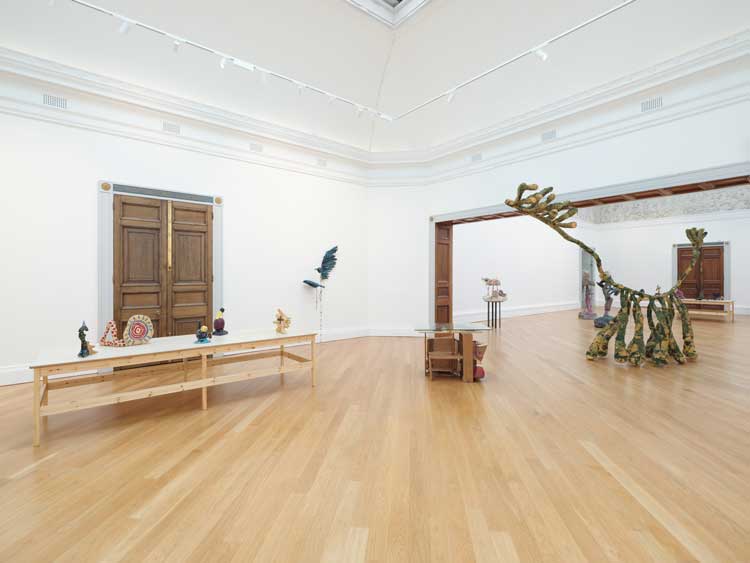 These Mad Hybrids, featuring: Caroline Achaintre, Eric Bainbridge, Phyllida Barlow, Olivia Bax, John Hoyland, Hew Locke, Anna Reading, Jessi Reaves, Andrew Sabin, John Summers and Chiffon Thomas. Installation view at RWA, Bristol, 2024. Photo: Tim Bowditch.
