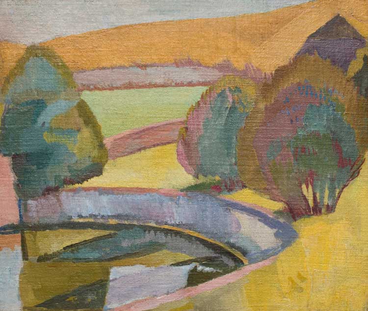 Vanessa Bell, The Pond at Charleston, c1916. Oil on canvas, 29.5 x 34.8 cm. Charleston Trust. © Estate of Vanessa Bell. All rights reserved, DACS 2024. Photo: Charleston Trust.