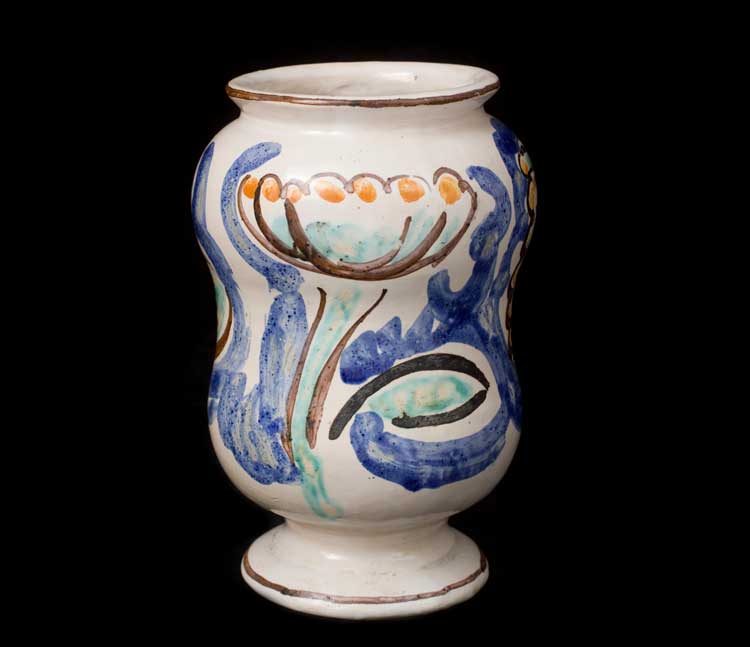 Potted by Phyllis Keyes, decorated by Vanessa Bell, Music Room Vase, c1932. Ceramic, cast from an Italian or Spanish original, 22 cm x 13.5 cm x 13.5 cm, Charleston Trust. © Estate of Vanessa Bell. All rights reserved, DACS 2024. Photo: Charleston Trust.