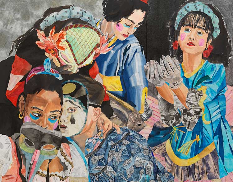 María Berrío. Anseris Mons, 2024. Collage with Japanese papers and watercolour paint on linen, 152.4 x 182.9 cm (60 x 72 in). © María Berrío. Courtesy the artist and Victoria Miro.