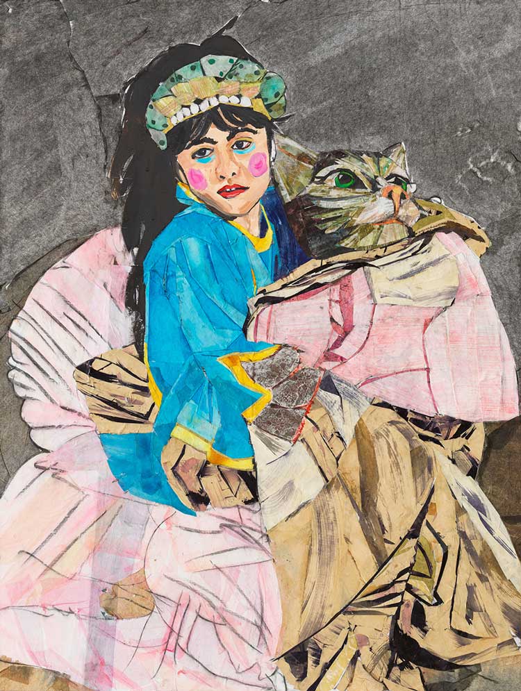 María Berrío. Deimos, 2024. Collage with Japanese papers and watercolor paint on linen, 125.7 x 94.6 cm (49 1/2 x 37 1/4 in). © María Berrío. Courtesy the artist and Victoria Miro.