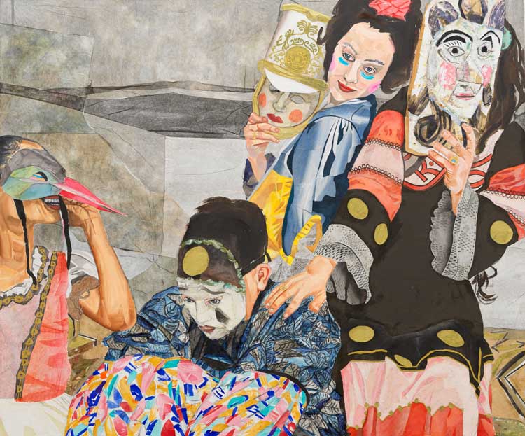 María Berrío. Elysium Mons, 2024. Collage with Japanese papers and watercolor paint on linen, 142.2 x 182.9 cm (56 x 72 in). © María Berrío.