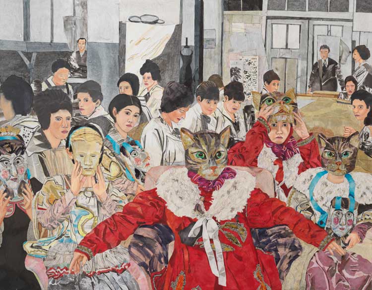 María Berrío. The Spectators, 2024. Collage with Japanese papers and watercolour paint on canvas, 233.7 x 299.7 cm (92 x 118 in). © María Berrío. Courtesy the artist and Victoria Miro.