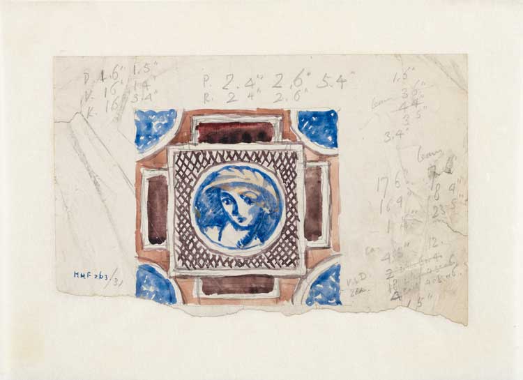 Vanessa Bell, Tile design, c1921. Graphite, watercolour and bodycolour on laid paper, now laid down on Japanese tissue; lower edge unevenly torn. The Courtauld, London
(Samuel Courtauld Trust) © Estate of Vanessa Bell. All rights reserved, DACS 2024. © Estate of Duncan Grant. All rights reserved, DACS 2024.
