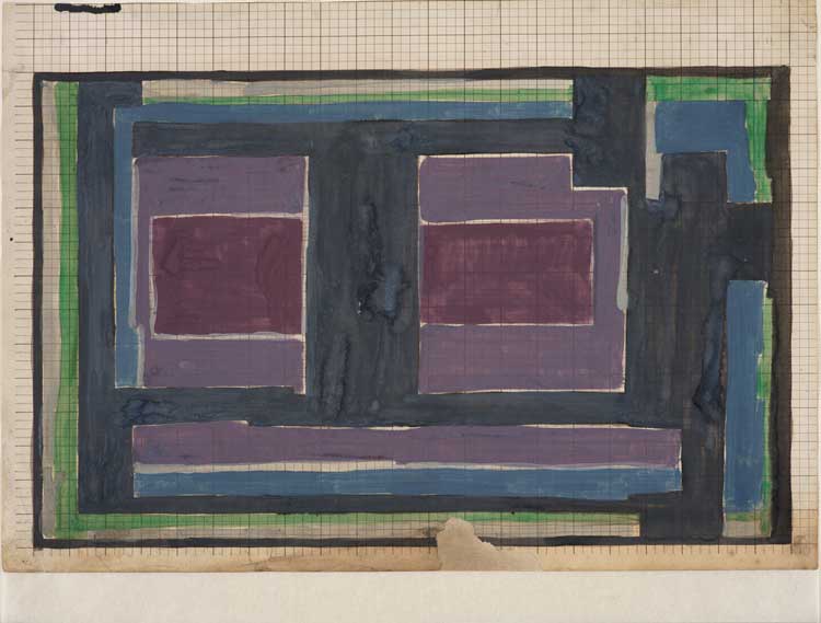 Vanessa Bell, Rug design, 1913–15. Graphite and bodycolour over a grid of pen and black ink lines, on wove paper, with a pinhole at each corner; loss of lower centre edge made up, The Courtauld, London (Samuel Courtauld Trust) © Estate of Vanessa Bell. All rights reserved, DACS 2024. © Estate of Duncan Grant. All rights reserved, DACS 2024.
