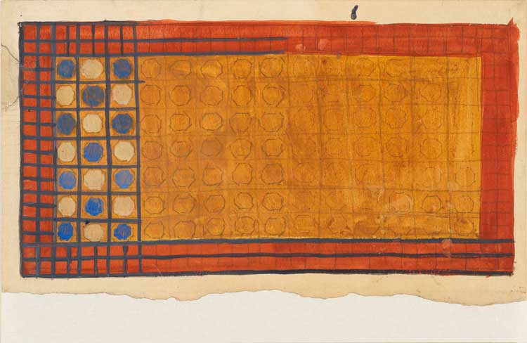 Vanessa Bell, Rug design, 1913–19. Graphite and bodycolour on wove paper, with pinholes at upper left and lower right corners, The Courtauld, London (Samuel Courtauld Trust). © Estate of Vanessa Bell. All rights reserved, DACS 2024.