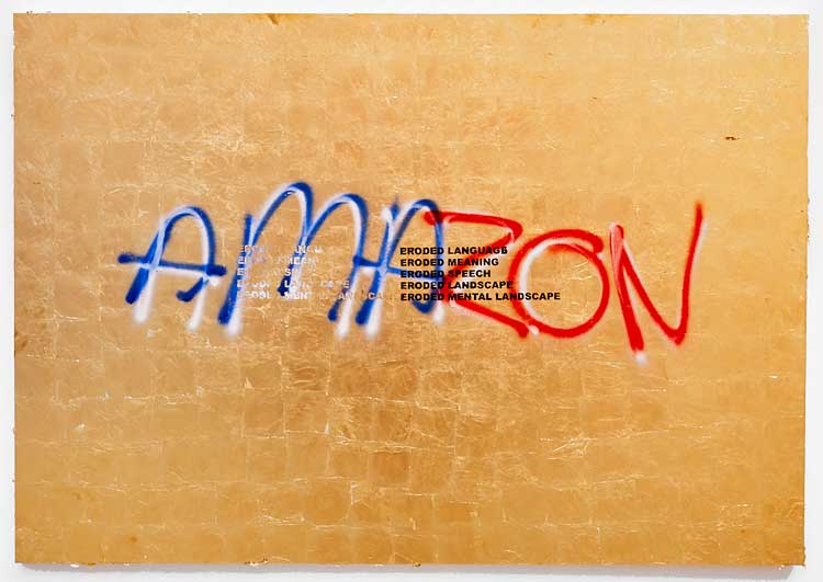 Stefan Brüggemann. Eroded Painting (Amazon), 2022. Gold leaf, vinyl text and spray paint on canvas, 160 x 230 x 4 cm (63 x 90 1/2 x 1 5/8 in). Photo © Rob Battersby.