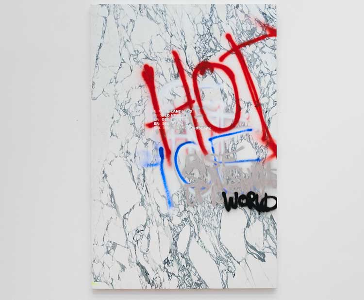 Stefan Brüggemann. Eroded Painting (Hot Ice), 2022. Spray paint on marble, 230 x 150.2 x 4.1 cm (90 1/2 x 59 1/8 x 1 5/8 in). Photo © Rob Battersby.