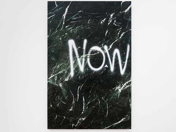Stefan Brüggemann. Eroded Painting (Now White), 2022. Spray paint and vinyl text on marble, 230 x 150.2 x 4.1 cm (90 1/2 x 59 1/8 x 1 5/8 in). Photo © Rob Battersby.
