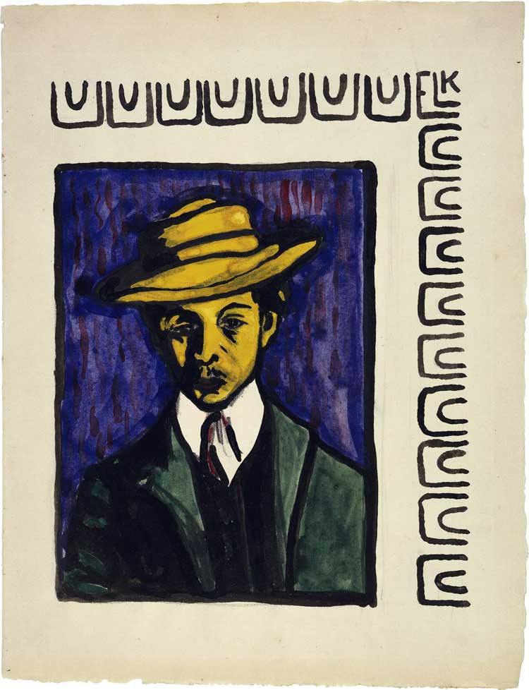 Ernst Ludwig Kirchner, Self-Portrait with Hat, From the 2. Stammbuch oft he artists‘ group Brücke. 14 sheets, sheet 1, 1905. Ink, brush, chalk and watercolour. Brücke-Museum