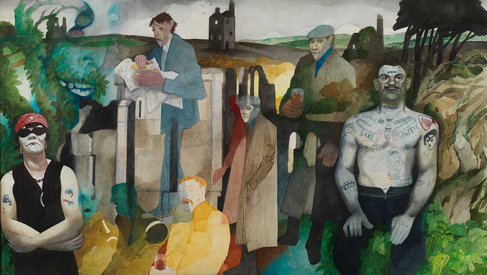 Edward Burra, Landscape, Cornwall, with Figures and Tin Mine, 1975. Private collection. © The estate of Edward Burra, courtesy Lefevre Fine Art, London.
