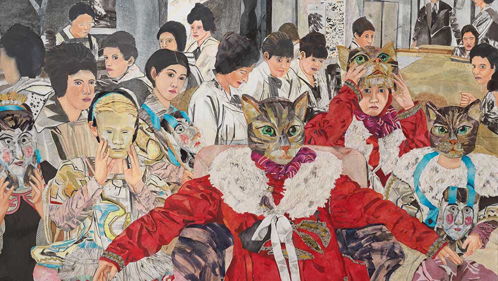 María Berrío. The Spectators, 2024. Collage with Japanese papers and watercolour paint on canvas, 233.7 x 299.7 cm (92 x 118 in). © María Berrío. Courtesy the artist and Victoria Miro.