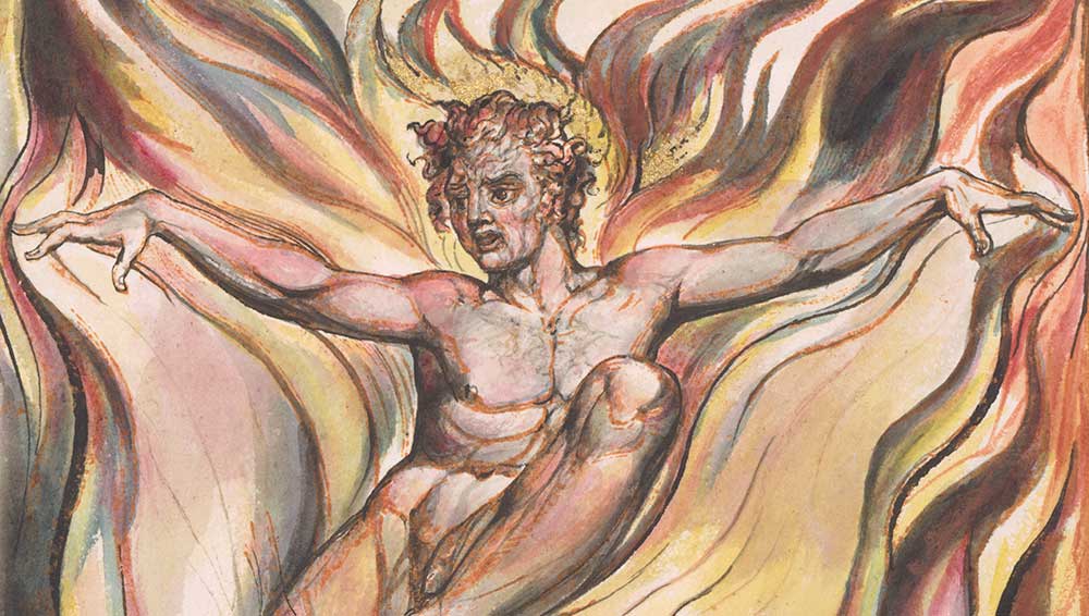 William Blake, Thus wept the Angel voice from America a Prophecy, 1793-1821 (detail). Relief-etching, printed in colour, with hand colouring and heightened with gold, 30.4 x 23.1. cm. The Fitzwilliam Museum, Cambridge. © The Fitzwilliam Museum, Cambridge.