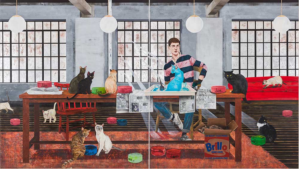 Hernan Bas. Conceptual Artist #5 (A budding gilder, his dying houseplants get the Midas touch), 2022. Acrylic and genuine gold leaf on linen, 183.5 x 152.7 cm (72 1/4 x 60 1/8 in). © Hernan Bas. Courtesy the artist and Victoria Miro.