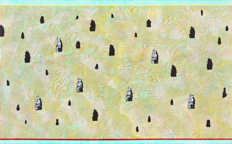 Vivienne Binns. Captain Cook in spinifex green, 2002. Synthetic polymer paint on canvas, 62.6 x 100.5 cm. Private collection, Canberra. © Vivienne Binns. Photo: Zan Wimberley.