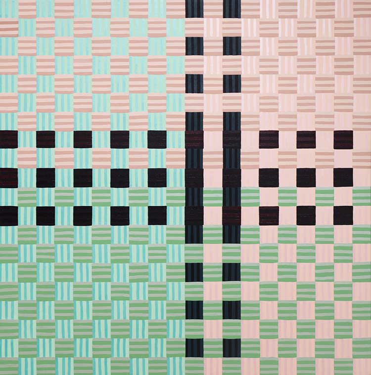 Vivienne Binns. In memory of the unknown artist: woven plastic cloth, gift from Ruth Waller, 1996. Synthetic polymer paint on canvas, 160 x 160 cm. State Art Collection, Art Gallery of Western Australia. Purchased through the Sir Claude Hotchin Art Foundation, Art Gallery of Western Australia Foundation, 1997. © Vivienne Binns.