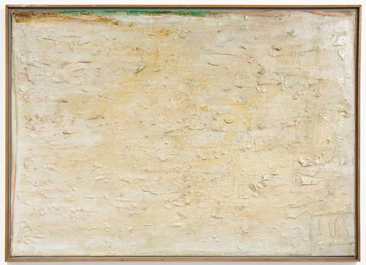 Frank Bowling. Brooklyn III, 1993/2004. Acrylic paint and acrylic gel on collaged canvas, 83 x 115.5 cm. Installation view: Frank Bowling and Sculpture, The Stephen Lawrence Gallery, University of Greenwich, London, 15 July – 3 September 2022. © Frank Bowling. All rights reserved DACS 2022. Courtesy the artist. Photo: Peter Mallet.
