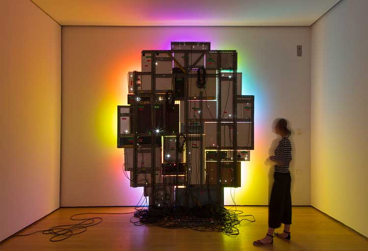 David Batchelor, Magic Hour, 2004-07. Found steel and aluminium light boxes, found steel support. Courtesy © the artist and Compton Verney.