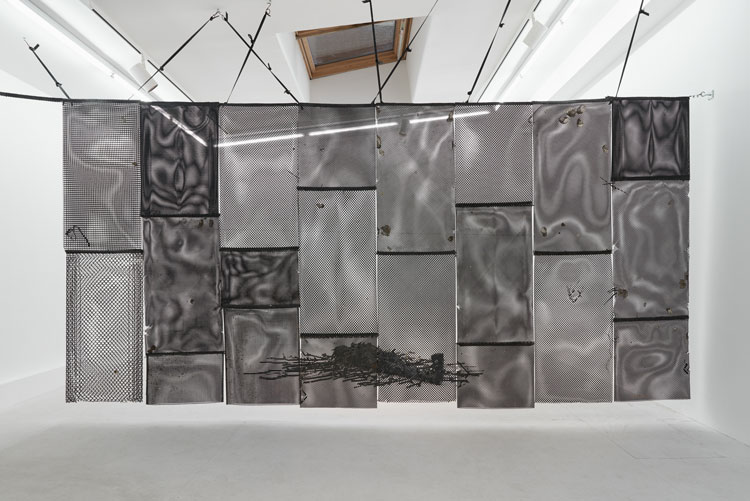 Rachael Louise Bailey. Untitled, 2022. The Black Stuff, 200 x 404 x 2 cm. Ceiling straps variable. Installation view, Thirst of the Tide, Alice Black Gallery, London, 2022. Photo: Theo Christelis, courtesy Alice Black Gallery.