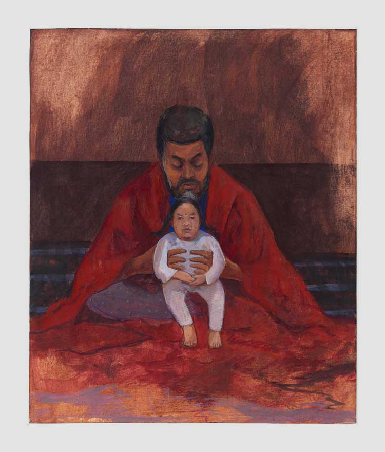 Mahesh Baliga. Acting as father, 2022. Casein on silk board, 12 x 10 in (30.5 x 25.4 cm). © Mahesh Baliga. Courtesy the artist, Project 88, and David Zwirner.