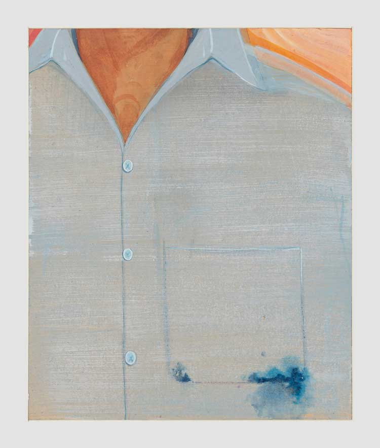 Mahesh Baliga. Poet with ink on his pocket, 2022. Casein on board,
12 x 10 in (30.5 x 25.4 cm). © Mahesh Baliga. Courtesy the artist, Project 88, and David Zwirner.