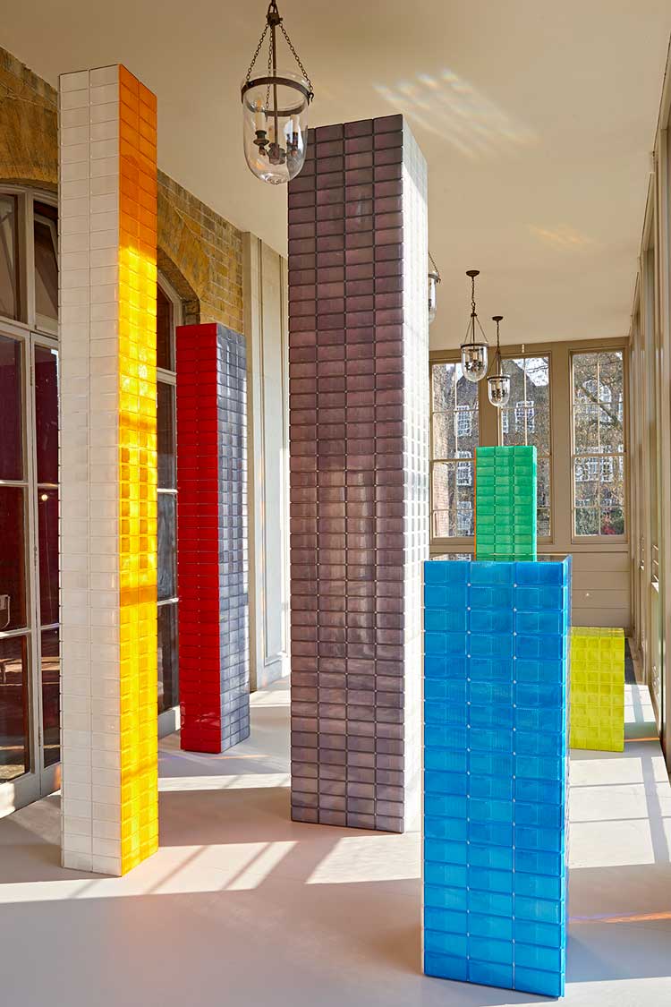 Rana Begum. No. 1094 T Reflector; No. 871 T Reflector; No. 873 T Reflector; No. 876 T Reflector, No. 1093 T Reflector; No 870 Bench Reflector. Reflectors on aluminium, 2019. Photo: Andy Stagg.