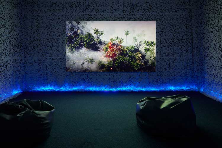 Lawrence Lek, AIDOL爱道, 2019. © Lawrence Lek. Installation view, British Art Show 9, 2021-22, University of Wolverhampton School of Art. A Hayward Gallery Touring exhibition organised in collaboration with galleries across the cities of Aberdeen, Wolverhampton, Manchester and Plymouth. Photo © Stuart Whipps.